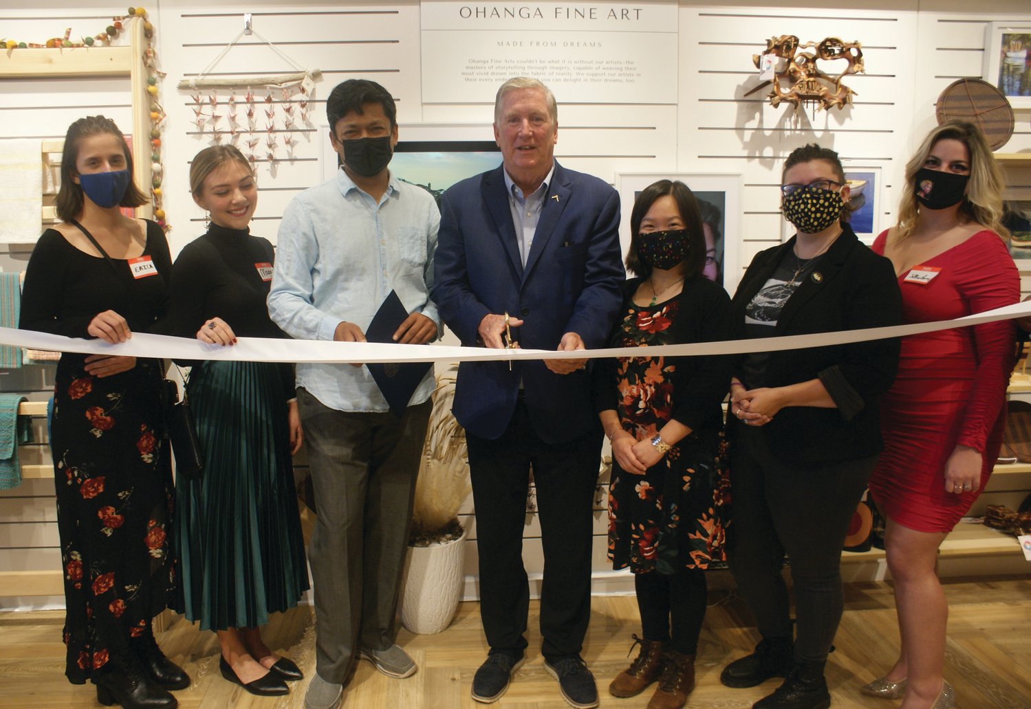 WELCOME TO CRANSTON: Mayor Ken Hopkins recently welcomed Ohanga to Garden City Center. Pictured are Erica Macri, director of marketing; Margherita Bassi, director of creative content; Subham Sett, co-founder; Hopkins; Yuping Wang, co-founder; Kristen Bezner, store manager; and Jillian Lauren, artist and marketing manager.